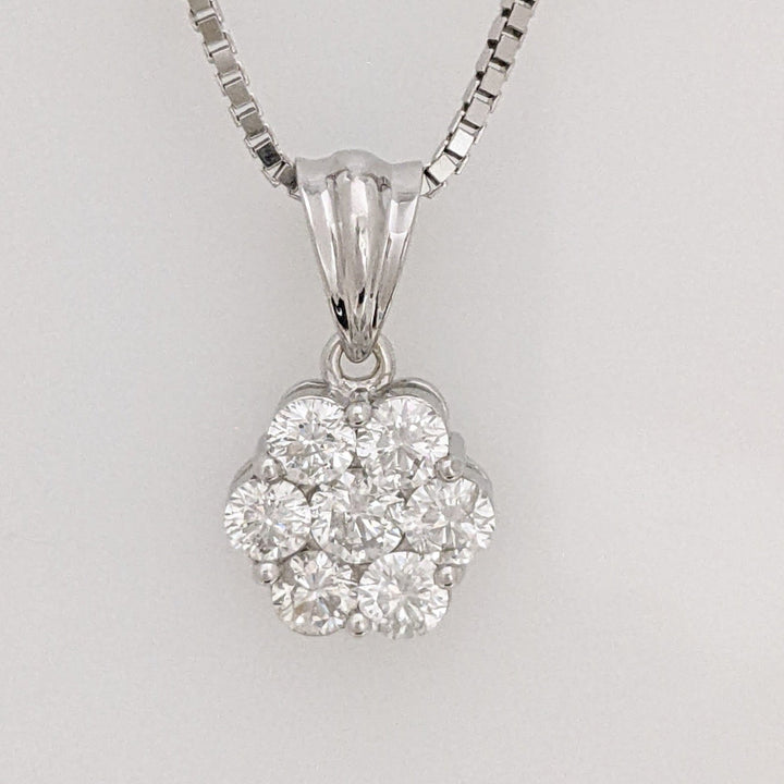 14K WHITE 1.00CTW I1 H DIAMOND ROUND (7) ESTATE CLUSTER PENDANT & CHAIN 6.3 GRAMS