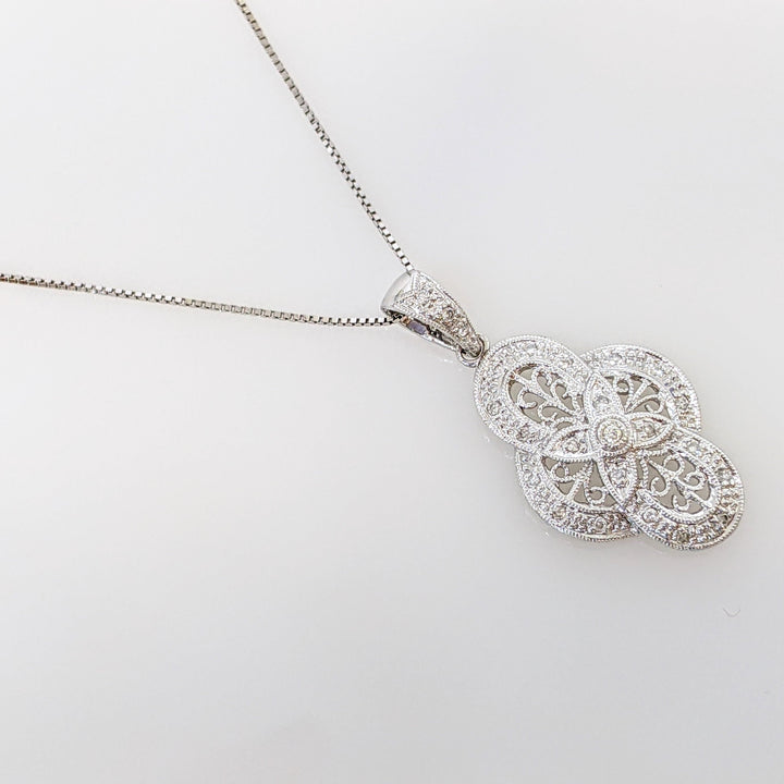 14K WHITE .12CTW DIAMOND ROUND (24) VINTAGE STYLE ESTATE PENDANT & CHAIN 3.5 GRAMS