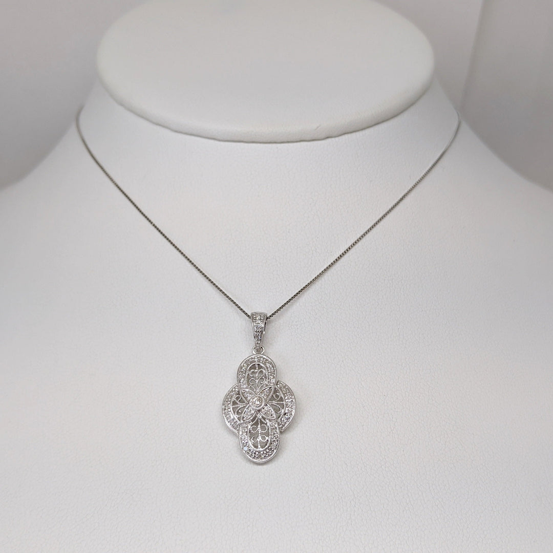 14K WHITE .12CTW DIAMOND ROUND (24) VINTAGE STYLE ESTATE PENDANT & CHAIN 3.5 GRAMS