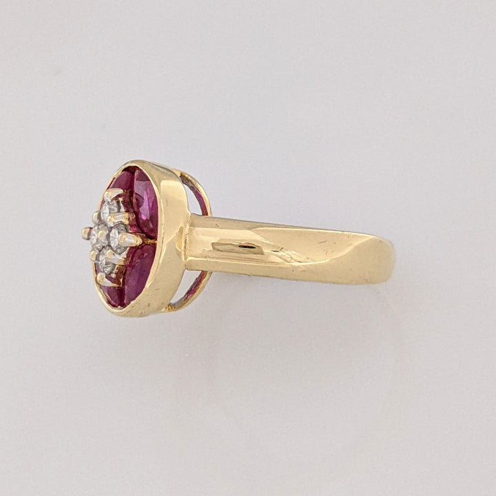 18K RUBY MARQUISE (4) 3X6 WITH .16DTW (4) ROUND ESTATE RING 4.7 GRAMS