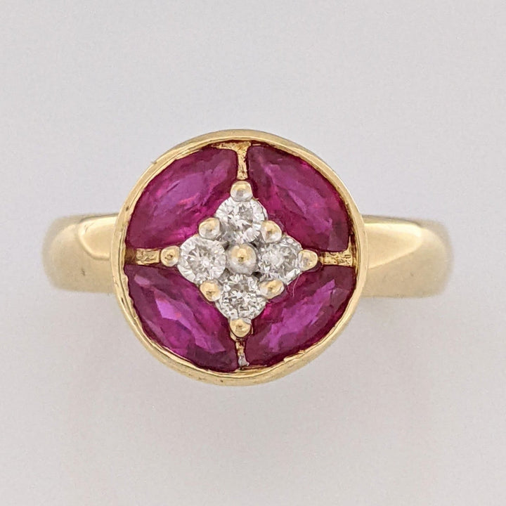 18K RUBY MARQUISE (4) 3X6 WITH .16DTW (4) ROUND ESTATE RING 4.7 GRAMS