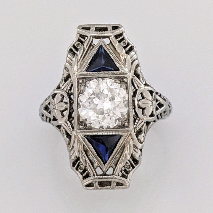 18K WHITE .90 CARAT TOTAL SI2 I DIAMOND ROUND WITH (2) TRILLION SAPPHIRE ESTATE ANTIQUE RING 2.7 GRAMS