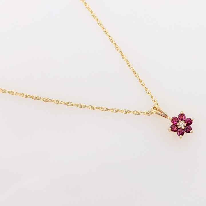 14K RUBY ROUND (6) 1.7MM WITH MELEE ESTATE PENDANT & CHAIN 1.4 GRAMS