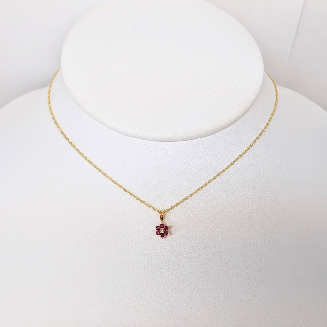 14K RUBY ROUND (6) 1.7MM WITH MELEE ESTATE PENDANT & CHAIN 1.4 GRAMS