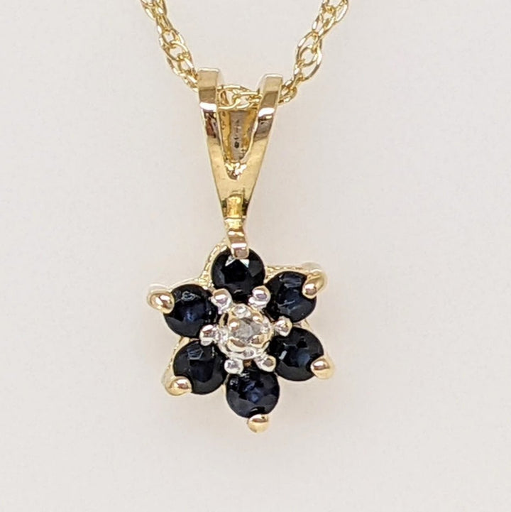 14K SAPPHIRE ROUND (6) 1.7MM WITH MELEE ESTATE PENDANT & CHAIN 1.1 GRAMS