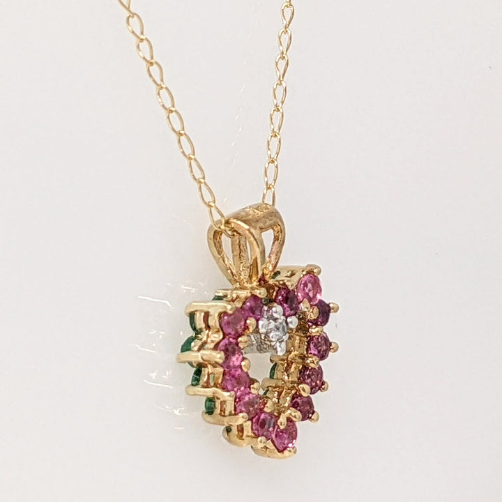 10K EMERALD/ RUBY REVERSIBLE HEART PENDANT & CHAIN 1.3 GRAMS