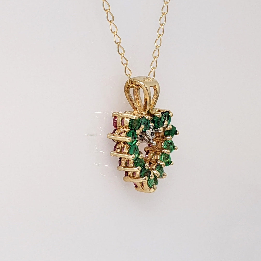 10K EMERALD/ RUBY REVERSIBLE HEART PENDANT & CHAIN 1.3 GRAMS