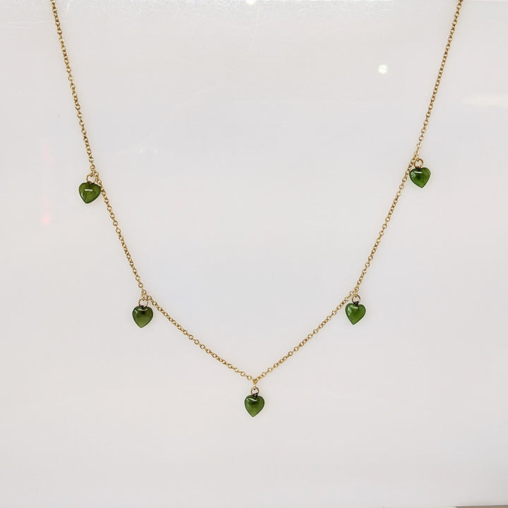 14K JADE HEART 6MM (5) CHARM DANGLE ESTATE NECKLACE 2.0 GRAMS