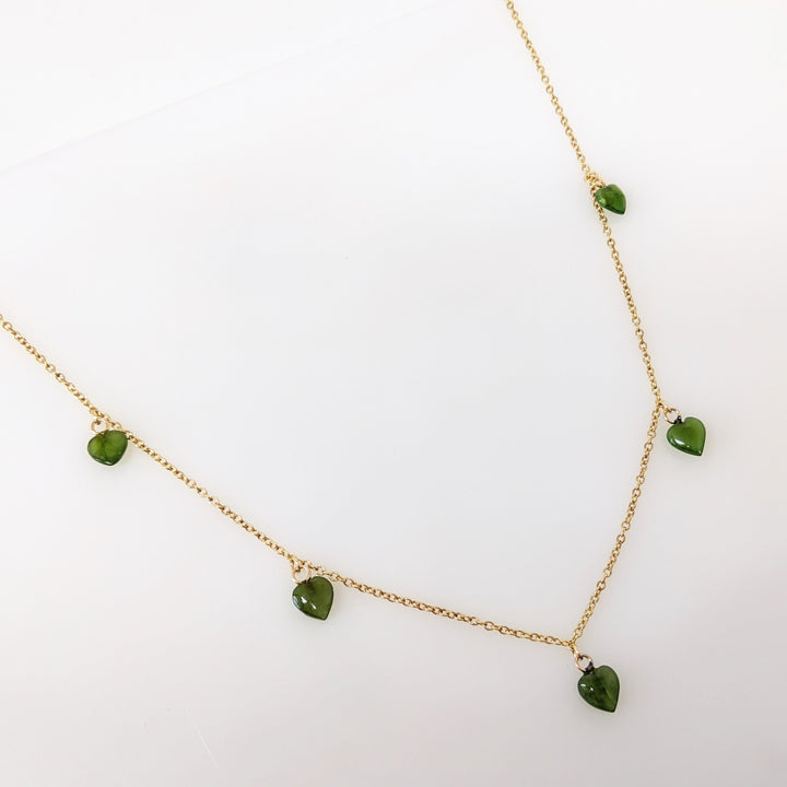 14K JADE HEART 6MM (5) CHARM DANGLE ESTATE NECKLACE 2.0 GRAMS