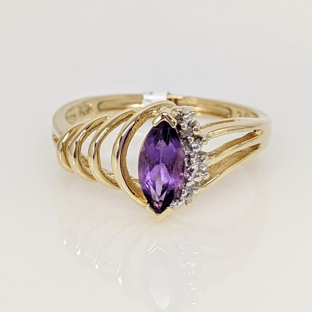 10K AMETHYST MARQUISE 4X8 WITH (2) DIAMONDS OPEN ESTATE RING 2.3 GRAMS