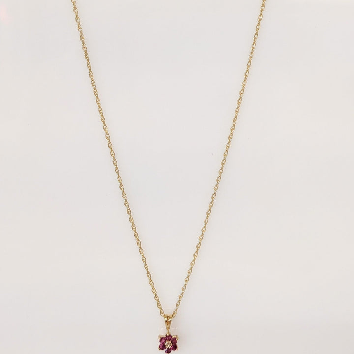 14K RUBY ROUND (6) 1.7MM WITH MELEE ESTATE PENDANT & CHAIN 1.4 GRAMS