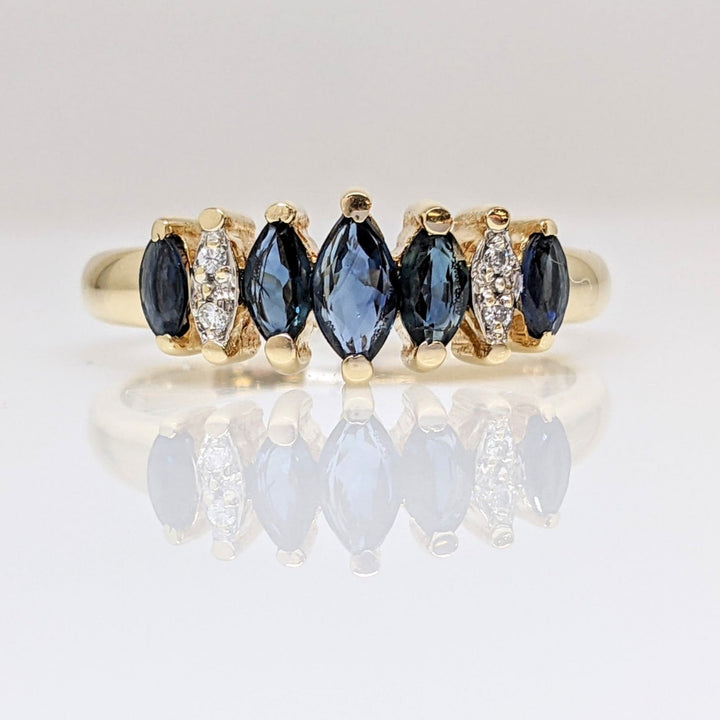 14K SAPPHIRE MARQUISE (7) WITH (4) DIAMOND ESTATE RING 3.2 GRAMS