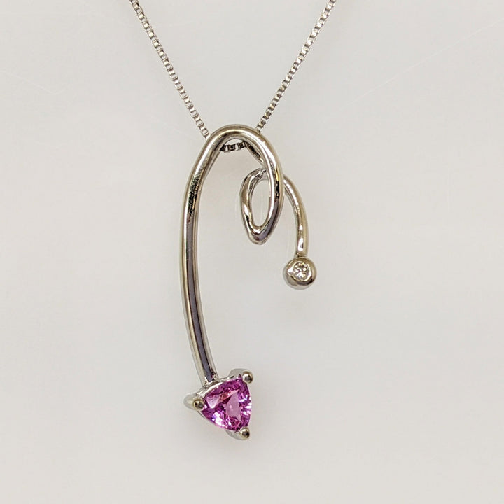 14K WHITE PINK SAPPHIRE TRILLION 4MM WITH BEZEL MELEE ESTATE PENDANT & CHAIN 2.0 GRAMS