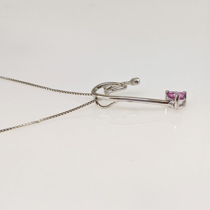 14K WHITE PINK SAPPHIRE TRILLION 4MM WITH BEZEL MELEE ESTATE PENDANT & CHAIN 2.0 GRAMS