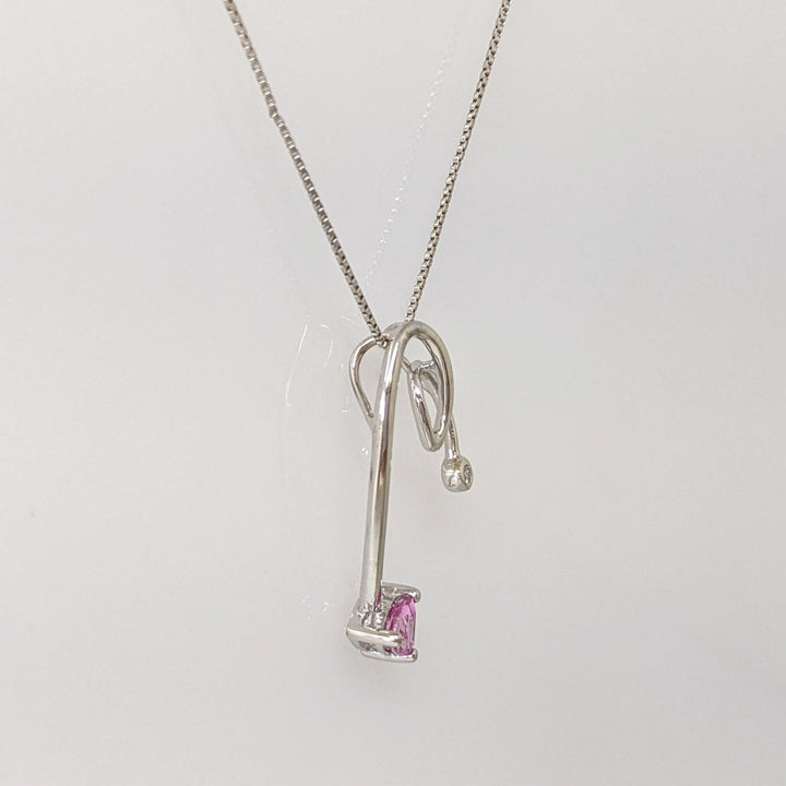 14K WHITE PINK SAPPHIRE TRILLION 4MM WITH BEZEL MELEE ESTATE PENDANT & CHAIN 2.0 GRAMS