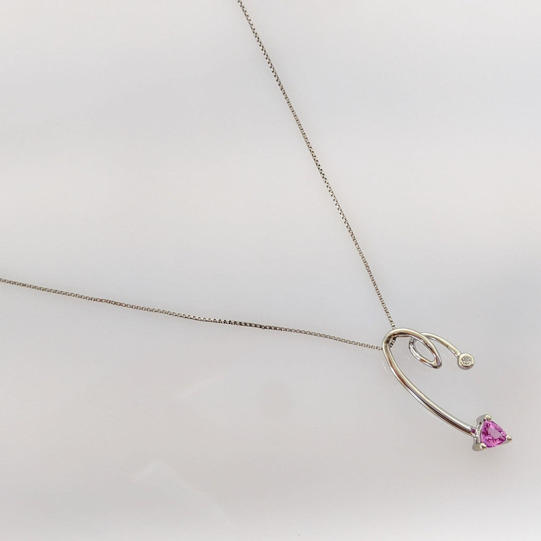 14K WHITE PINK SAPPHIRE TRILLION 4MM WITH BEZEL MELEE ESTATE PENDANT & CHAIN 2.0 GRAMS