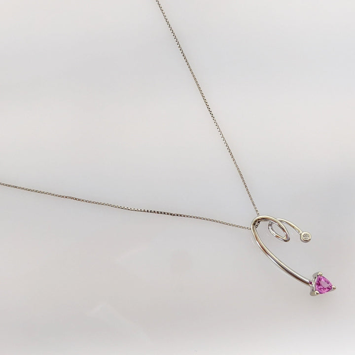 14K WHITE PINK SAPPHIRE TRILLION 4MM WITH BEZEL MELEE ESTATE PENDANT & CHAIN 2.0 GRAMS