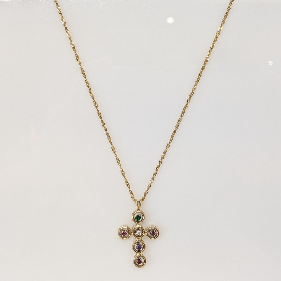 14K MULTI-STONE WITH DIAMOND ESTATE CROSS PENDANT & CHAIN 3.6 GRAMS