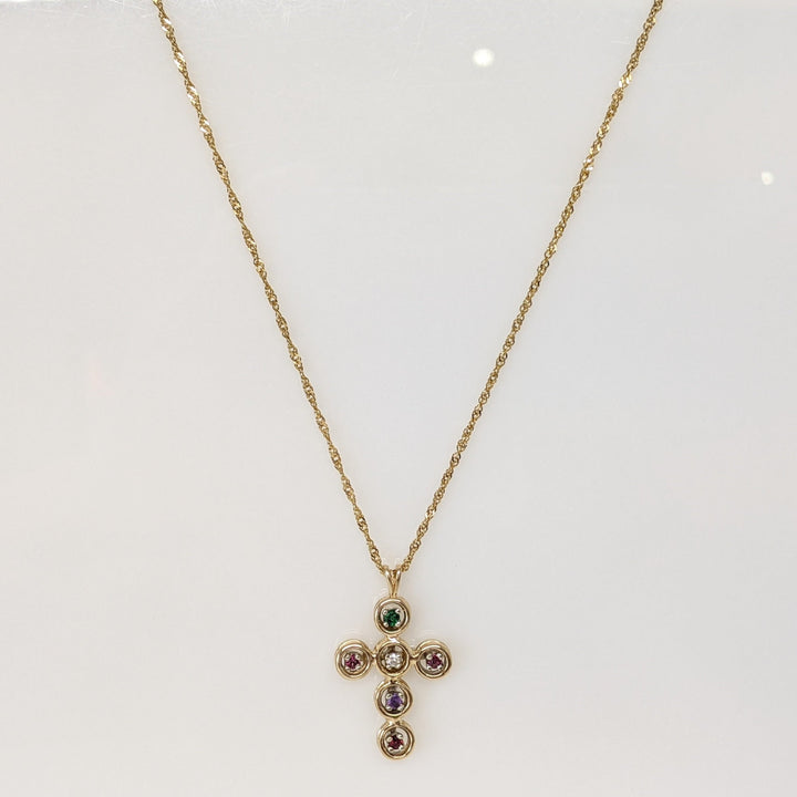 14K MULTI-STONE WITH DIAMOND ESTATE CROSS PENDANT & CHAIN 3.6 GRAMS