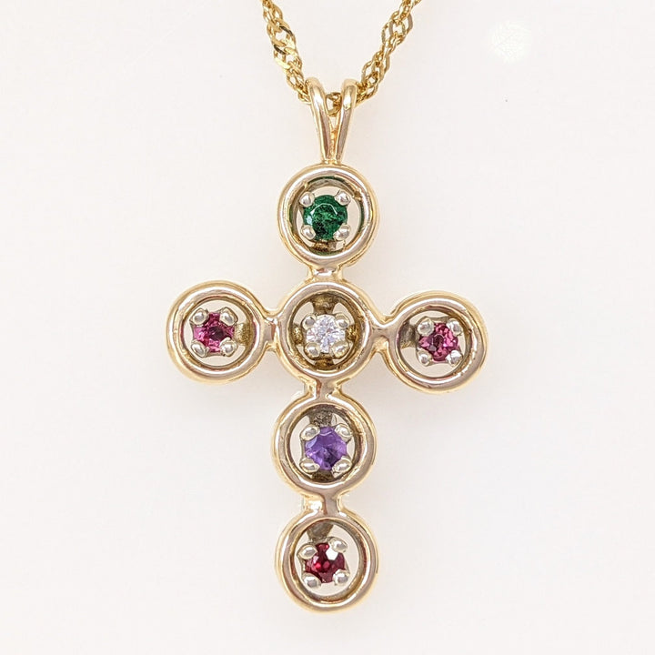 14K MULTI-STONE WITH DIAMOND ESTATE CROSS PENDANT & CHAIN 3.6 GRAMS