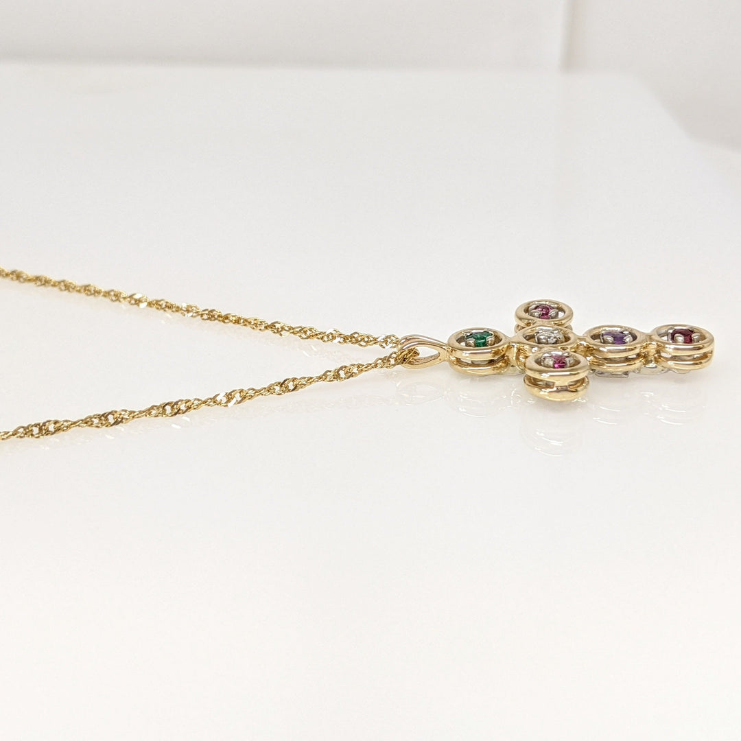 14K MULTI-STONE WITH DIAMOND ESTATE CROSS PENDANT & CHAIN 3.6 GRAMS