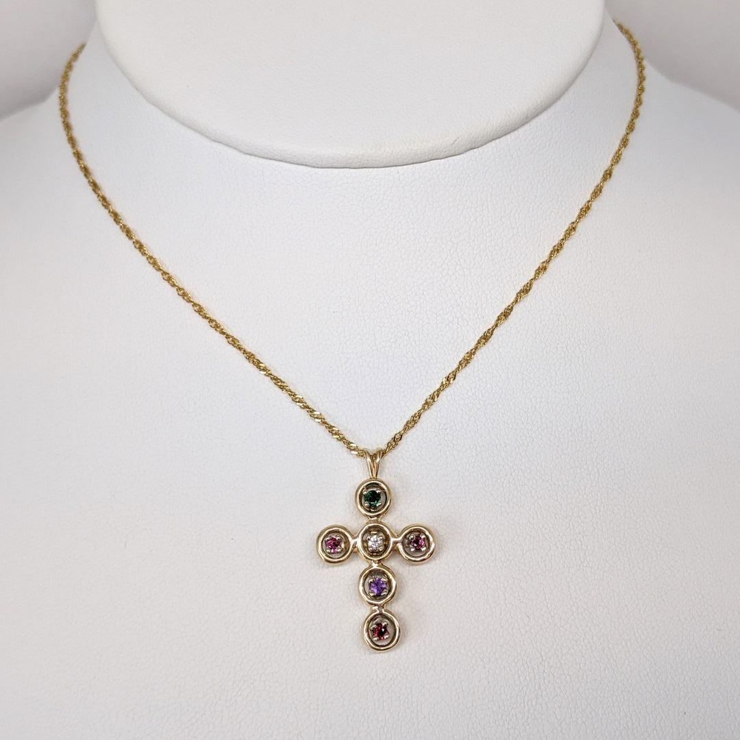 14K MULTI-STONE WITH DIAMOND ESTATE CROSS PENDANT & CHAIN 3.6 GRAMS