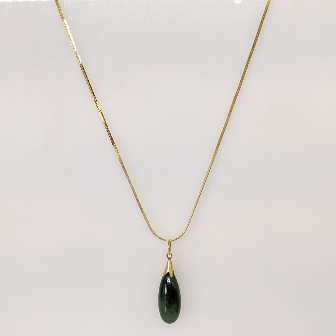 14K JADE TEAR DROP 24MM LONG ESTATE PENDANT & CHAIN 4.7 GRAMS