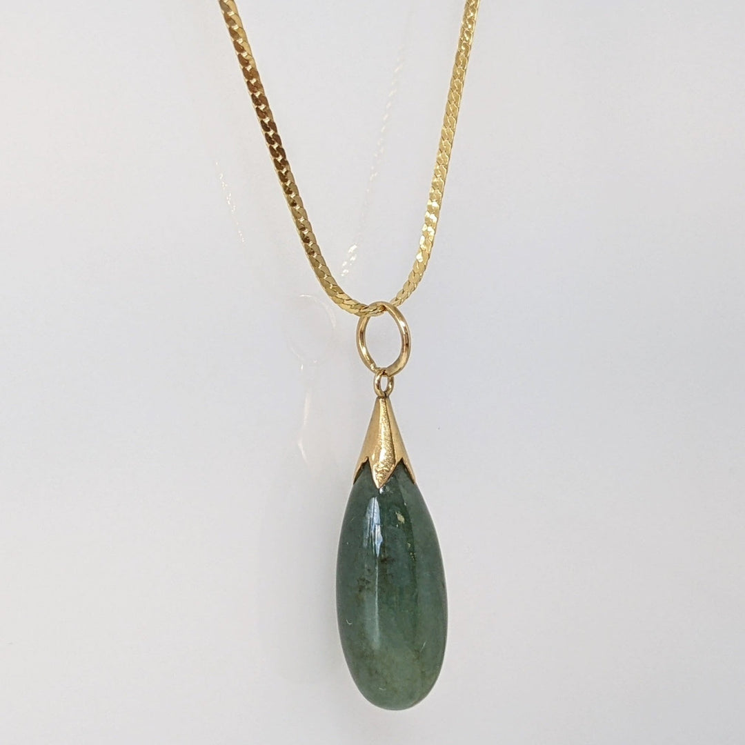 14K JADE TEAR DROP 24MM LONG ESTATE PENDANT & CHAIN 4.7 GRAMS