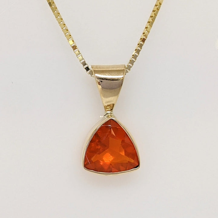 14K MEXICAN FIRE OPAL TRILLION 8MM BEZEL SET ESTATE PENDANT & CHAIN 4.1 GRAMS