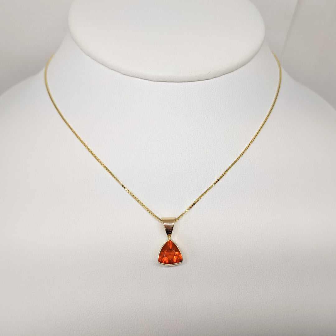 14K MEXICAN FIRE OPAL TRILLION 8MM BEZEL SET ESTATE PENDANT & CHAIN 4.1 GRAMS