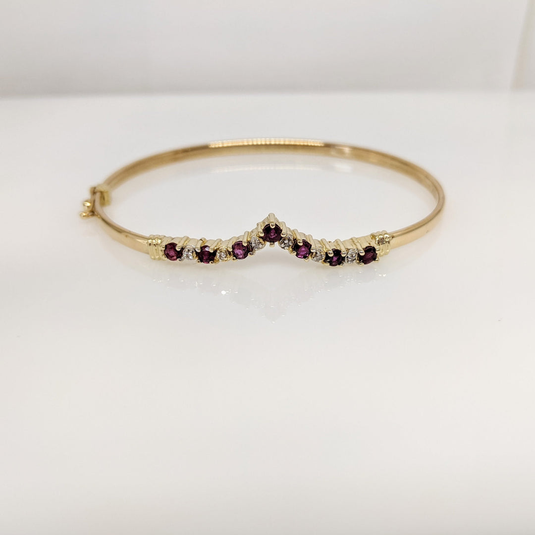 14K RUBY ROUND (7) 2.8-3MM WITH (6) MELEE ESTATE V BANGLE 6.0 GRAMS