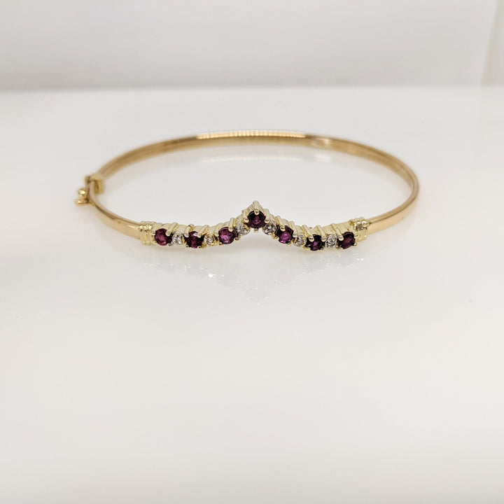 14K RUBY ROUND (7) 2.8-3MM WITH (6) MELEE ESTATE V BANGLE 6.0 GRAMS