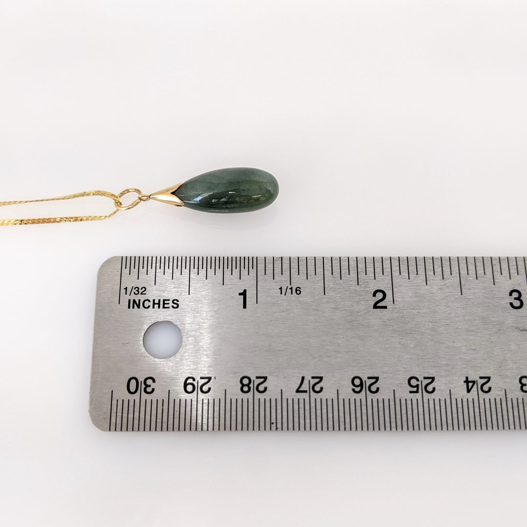 14K JADE TEAR DROP 24MM LONG ESTATE PENDANT & CHAIN 4.7 GRAMS