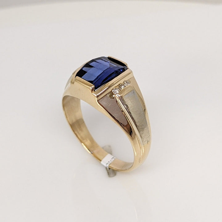 14K LAB CREATED SAPPHIRE CHECKERBOARD 8X9.5 WITH .12DTW ESTATE RING 7.9 GRAMS