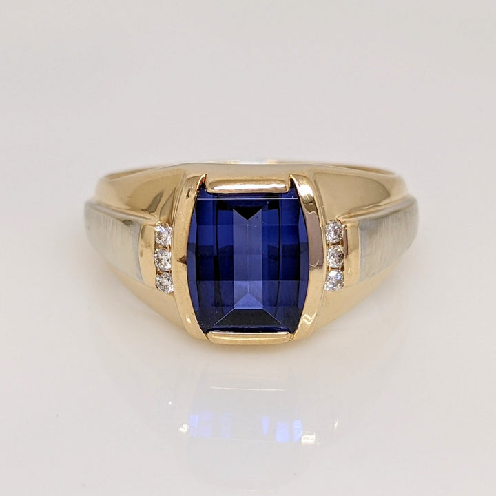 14K LAB CREATED SAPPHIRE CHECKERBOARD 8X9.5 WITH .12DTW ESTATE RING 7.9 GRAMS