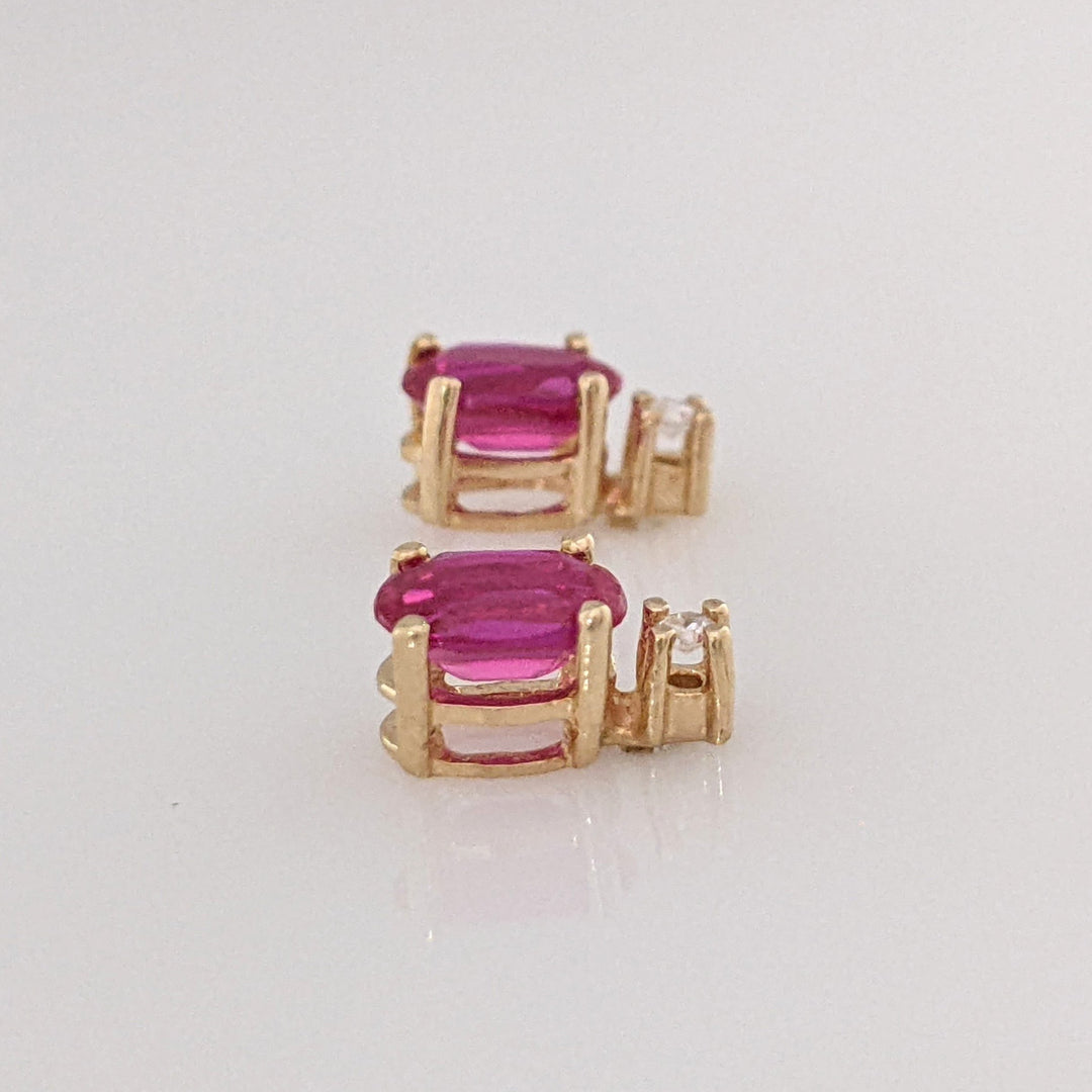 14K LAB CREATED RUBY OVAL 4X6 WITH .04 DIAMOND ROUND (2) ESTATE EARRINGS  1.2 GRAMS