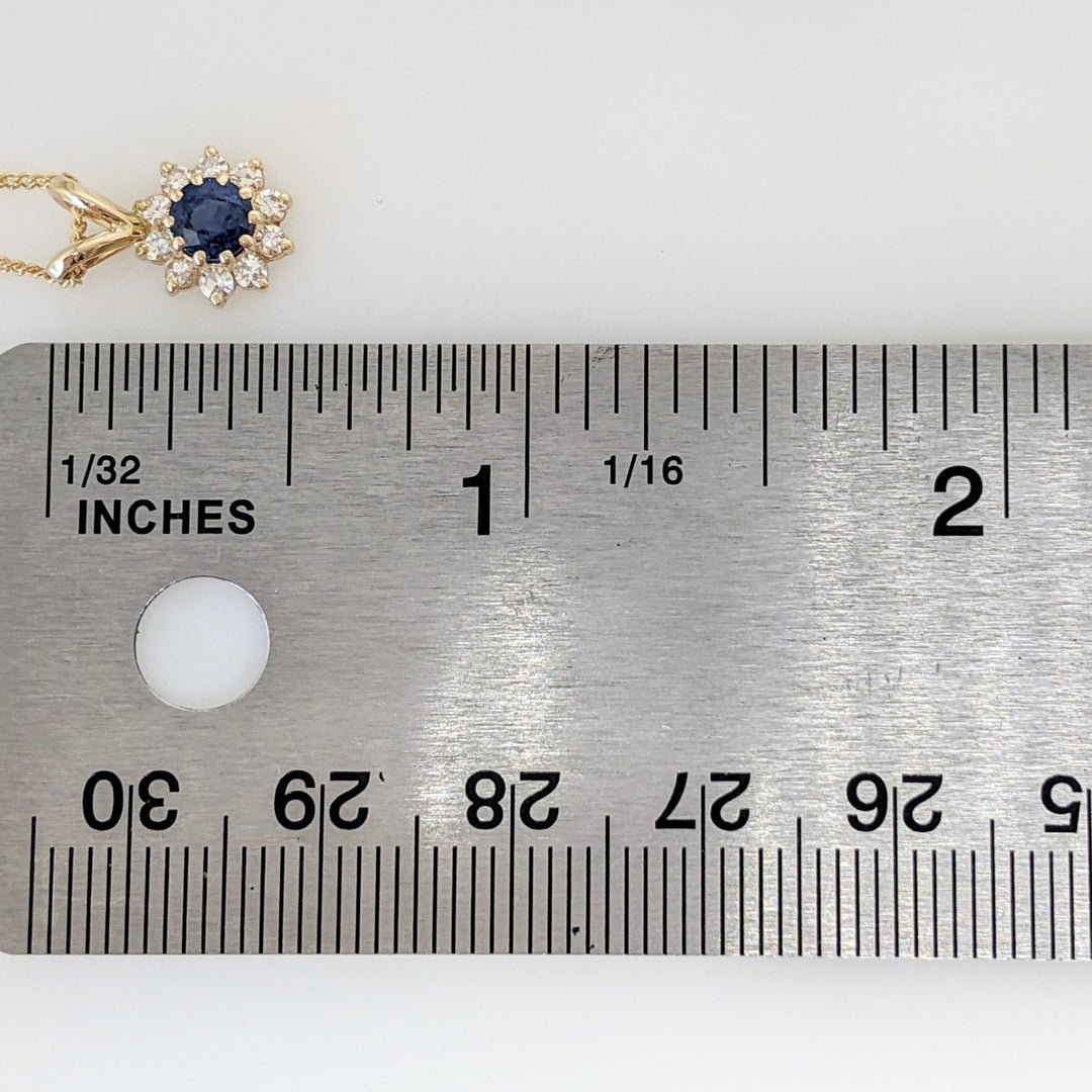 14K SAPPHIRE ROUND 4.3MM WITH .27DTW (9) ESTATE PENDANT & CHAIN 2.5 GRAMS