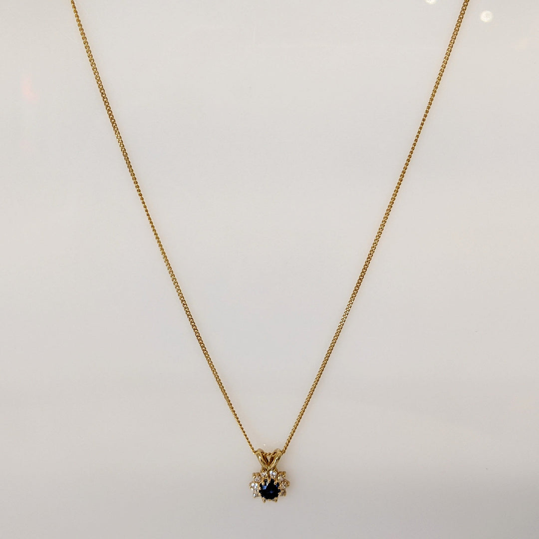 14K SAPPHIRE ROUND 4.3MM WITH .27DTW (9) ESTATE PENDANT & CHAIN 2.5 GRAMS