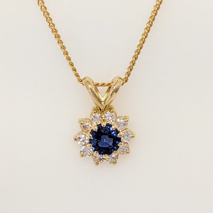 14K SAPPHIRE ROUND 4.3MM WITH .27DTW (9) ESTATE PENDANT & CHAIN 2.5 GRAMS