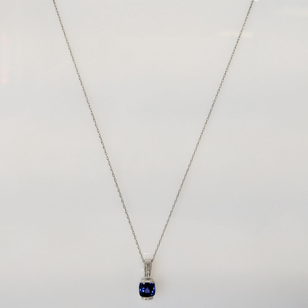 10K WHITE LAB CREATED SAPPHIRE CUSHION CUT 7X7 WITH (6) MELEE ESTATE PENDANT & CHAIN 2.1 GRAMS