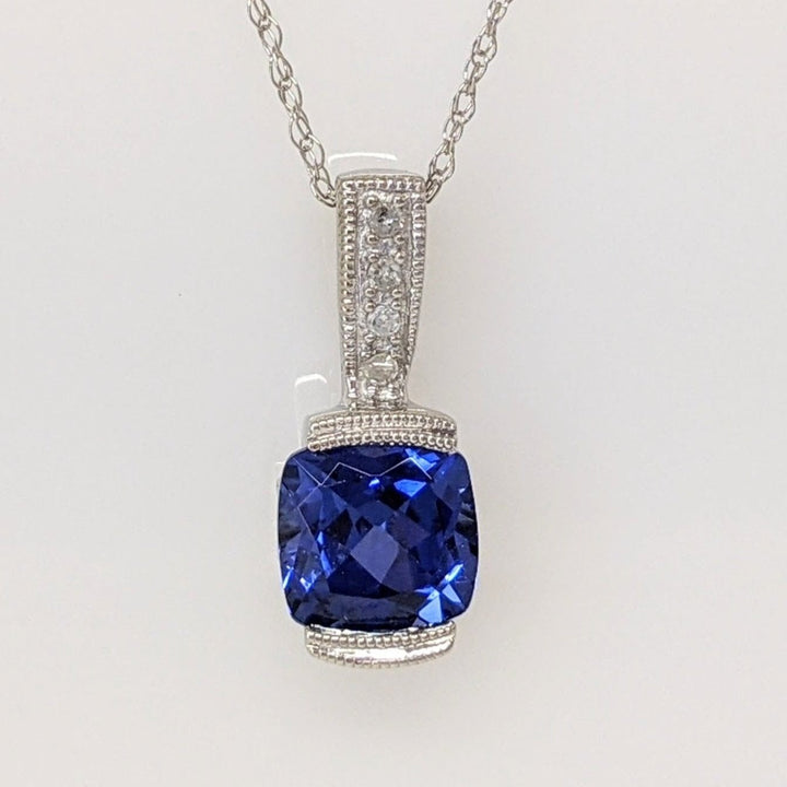 10K WHITE LAB CREATED SAPPHIRE CUSHION CUT 7X7 WITH (6) MELEE ESTATE PENDANT & CHAIN 2.1 GRAMS