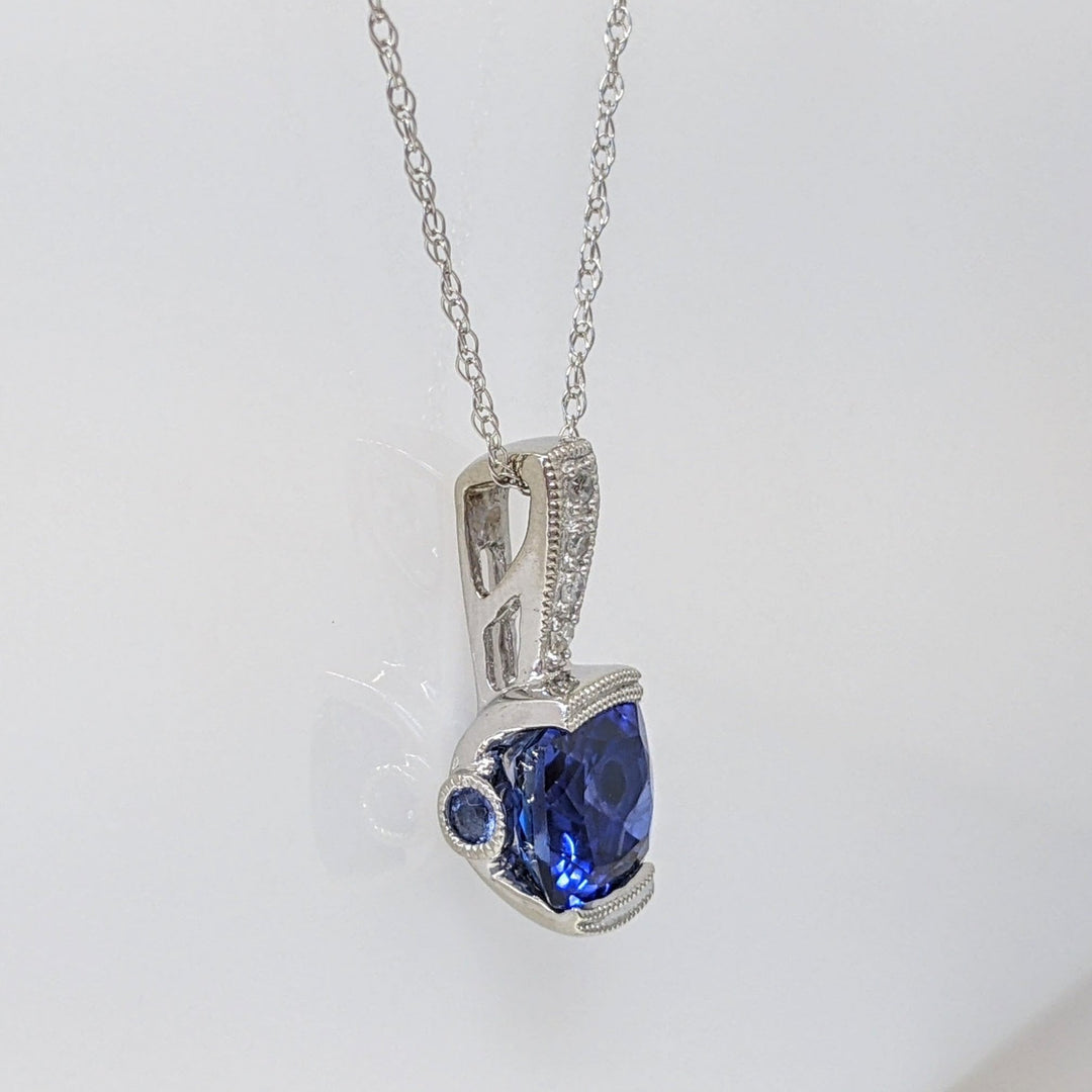 10K WHITE LAB CREATED SAPPHIRE CUSHION CUT 7X7 WITH (6) MELEE ESTATE PENDANT & CHAIN 2.1 GRAMS