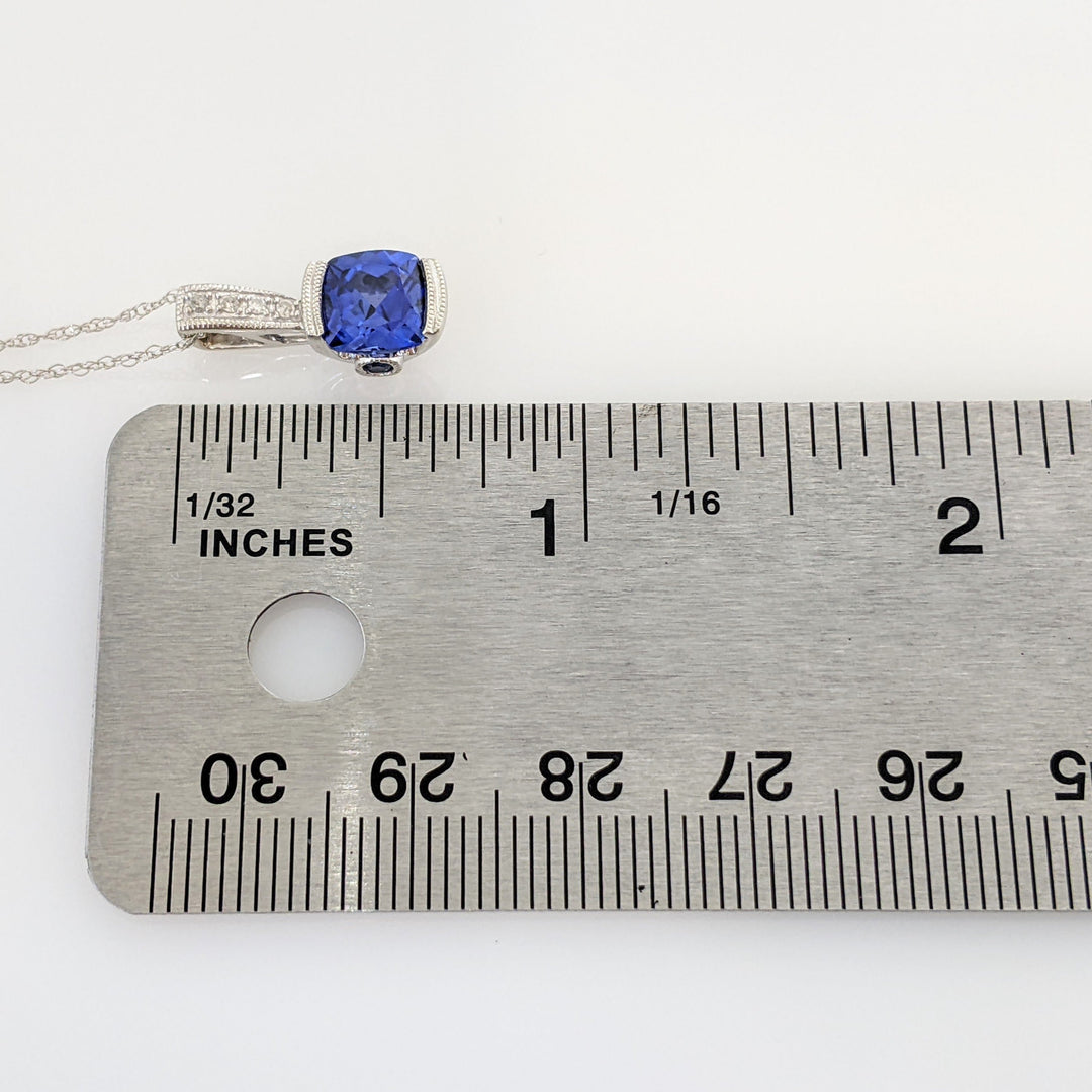 10K WHITE LAB CREATED SAPPHIRE CUSHION CUT 7X7 WITH (6) MELEE ESTATE PENDANT & CHAIN 2.1 GRAMS