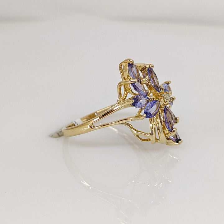 14K IOLITE MARQUISE (10) 2.5X5 WITH MELEE ESTATE CLUSTER RING 2.9 GRAMS