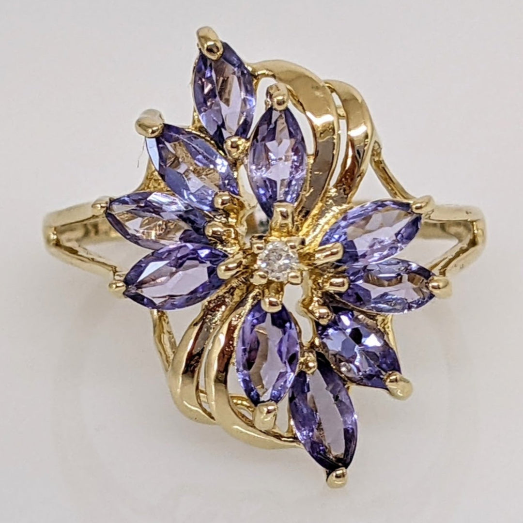 14K IOLITE MARQUISE (10) 2.5X5 WITH MELEE ESTATE CLUSTER RING 2.9 GRAMS