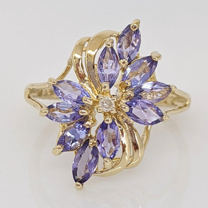 14K IOLITE MARQUISE (10) 2.5X5 WITH MELEE ESTATE CLUSTER RING 2.9 GRAMS