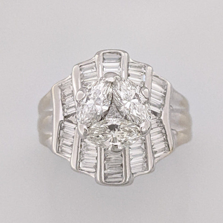 18K WHITE 2.06CTW SI1 I DIAMOND MARQUISE (3) BAGUETTE (39) TRILLION (1) ESTATE RING 7.2 GRAMS