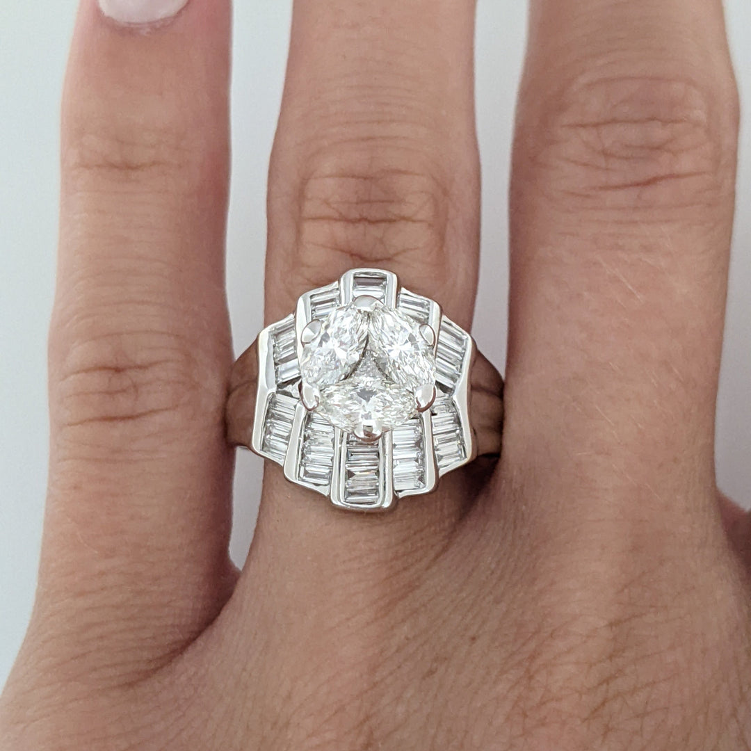 18K WHITE 2.06CTW SI1 I DIAMOND MARQUISE (3) BAGUETTE (39) TRILLION (1) ESTATE RING 7.2 GRAMS