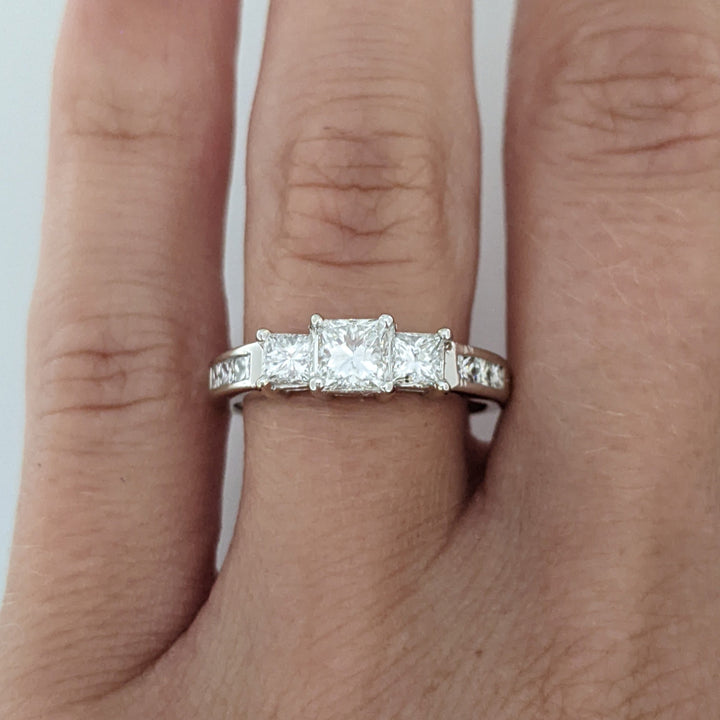 14K WHITE .97CTW I1 J DIAMOND PRINCESS CUT (9) ESTATE TRINITY RING 3.1 GRAMS