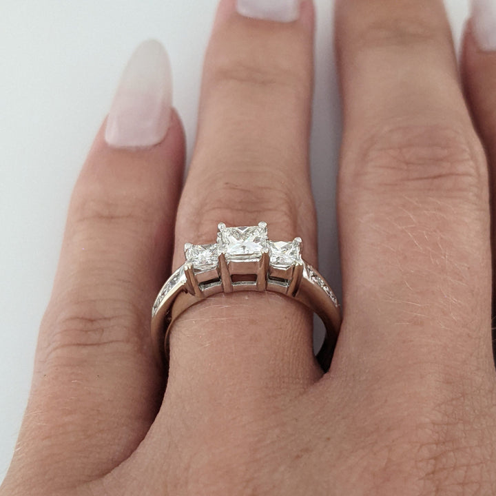 14K WHITE .97 CARAT TOTAL WEIGHT I1 J DIAMOND PRINCESS CUT (9) ESTATE TRINITY RING 3.1 GRAMS